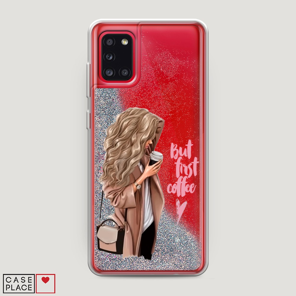 

Жидкий чехол с блестками "Девушка с кофе" на Samsung Galaxy A31, Девушка с кофе