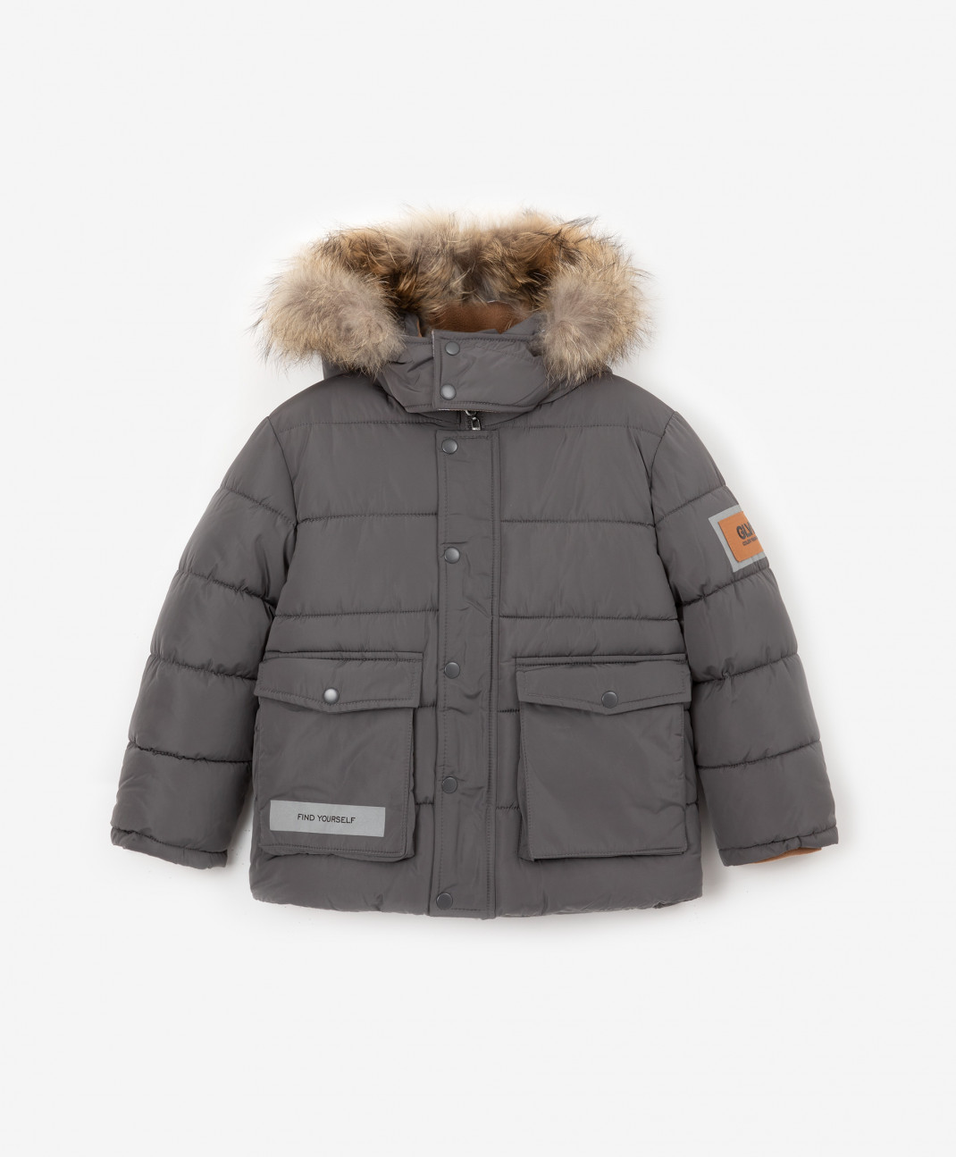 Куртка зимняя из плащовки с легким металлическим блеском серая Gulliver 22205BMC4106 р.116