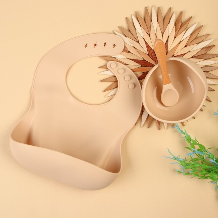 

Набор для кормления: нагрудник, тарелка на присоске, ложка, M&B, бежевый