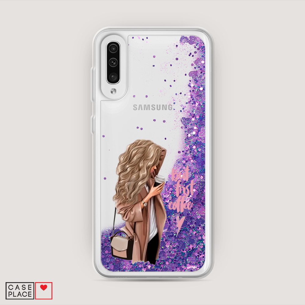 

Жидкий чехол с блестками "Девушка с кофе" на Samsung Galaxy A30s, Девушка с кофе