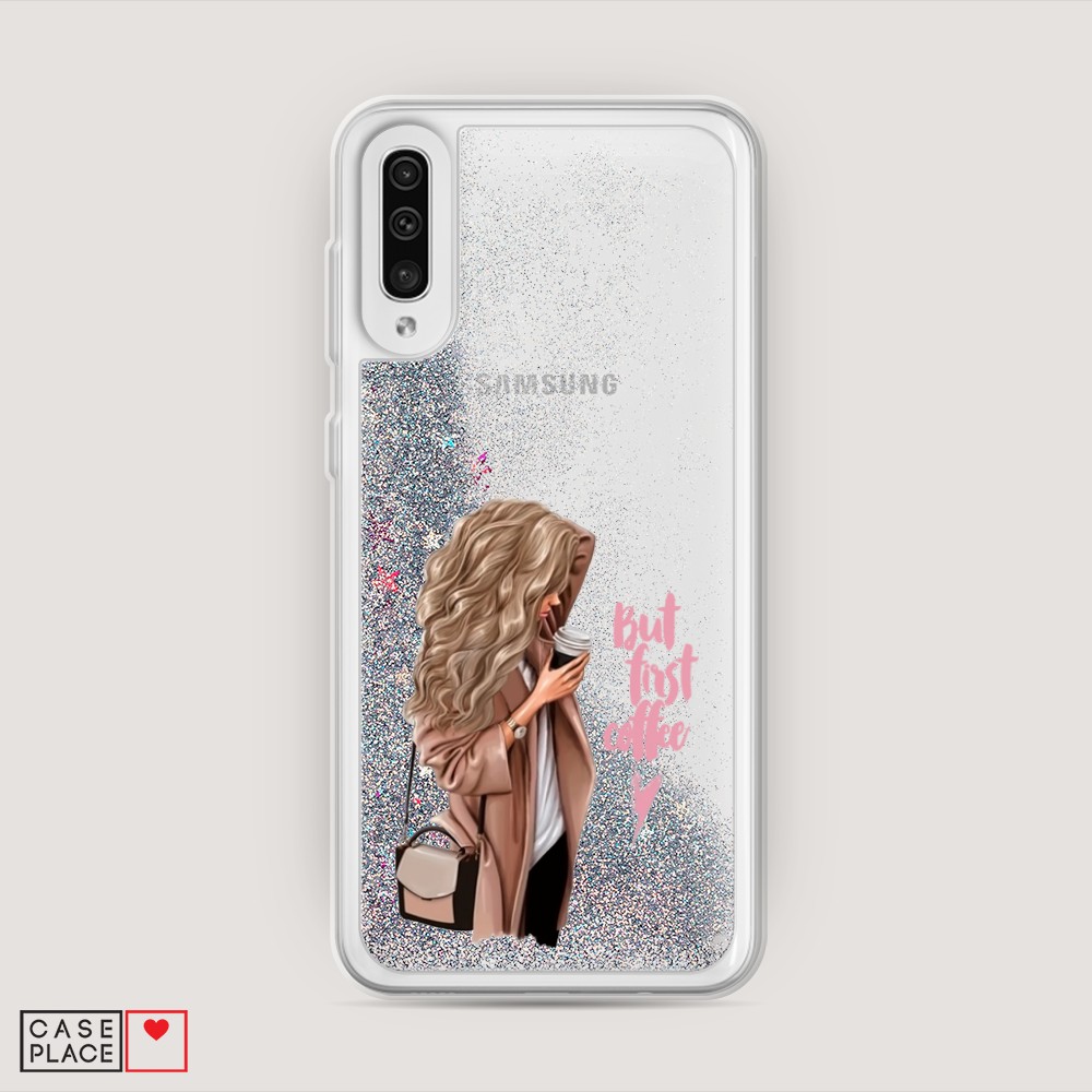 

Жидкий чехол с блестками "Девушка с кофе" на Samsung Galaxy A30s, Девушка с кофе