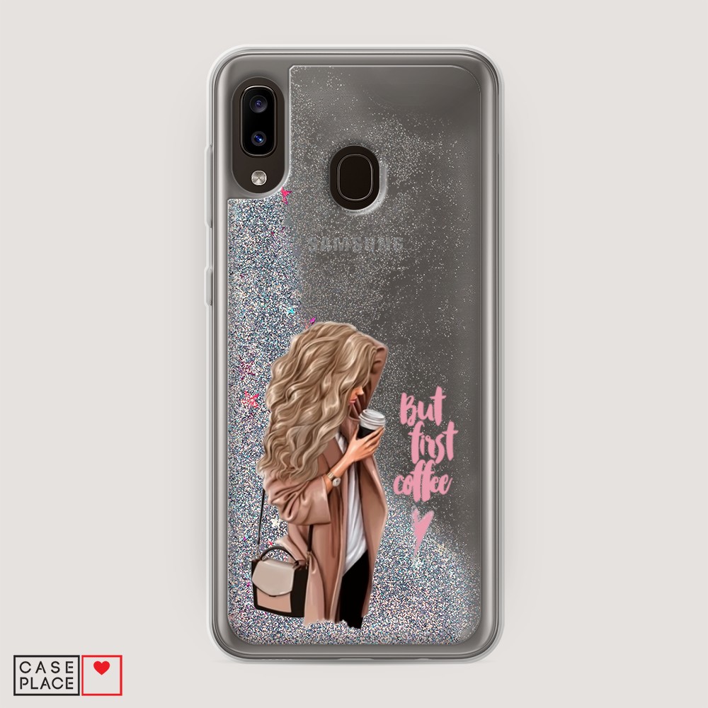 

Жидкий чехол с блестками "Девушка с кофе" на Samsung Galaxy A30, Девушка с кофе