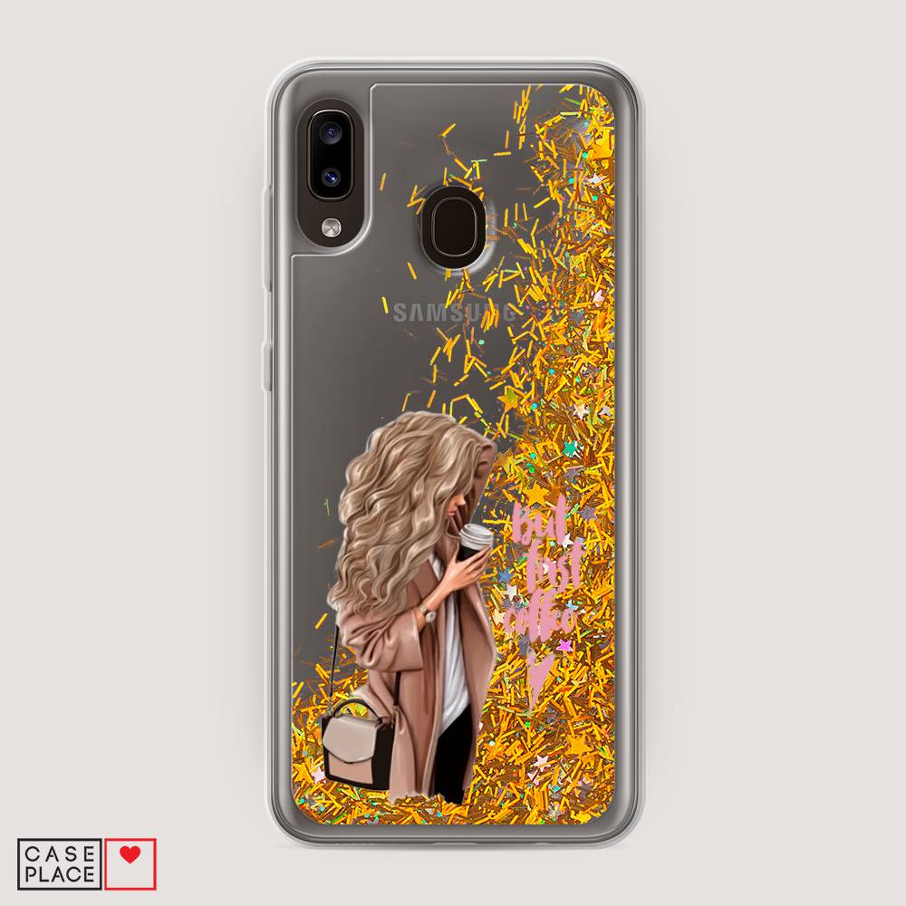 

Жидкий чехол с блестками "Девушка с кофе" на Samsung Galaxy A30, Девушка с кофе