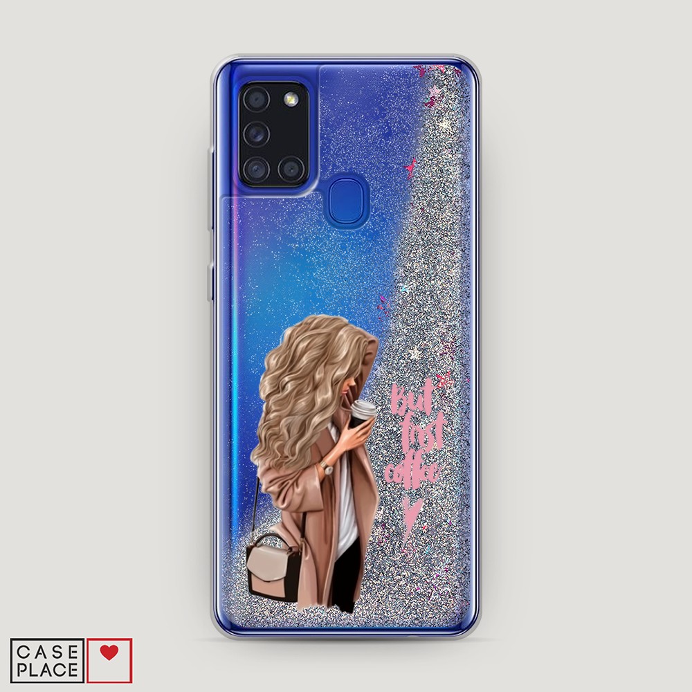 

Жидкий чехол с блестками "Девушка с кофе" на Samsung Galaxy A21s, Девушка с кофе