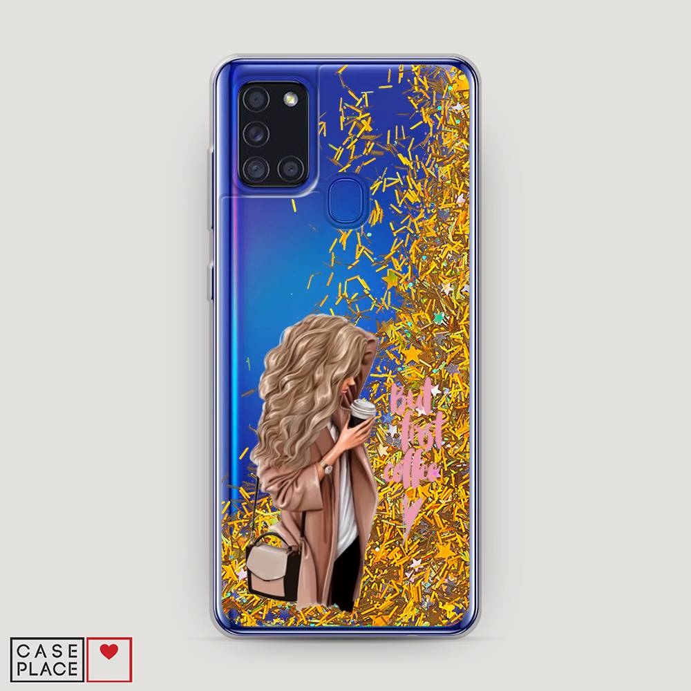 

Жидкий чехол с блестками "Девушка с кофе" на Samsung Galaxy A21s, Девушка с кофе