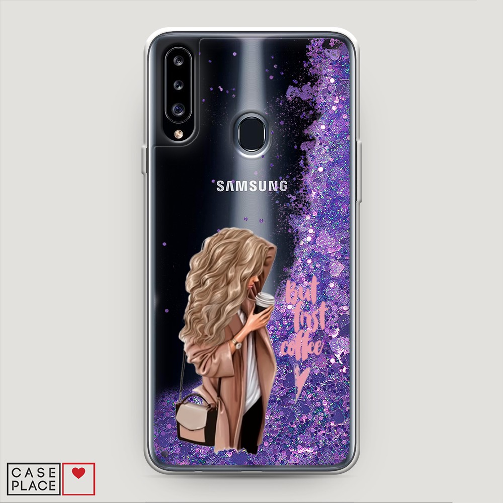 

Жидкий чехол с блестками "Девушка с кофе" на Samsung Galaxy A20s, Девушка с кофе