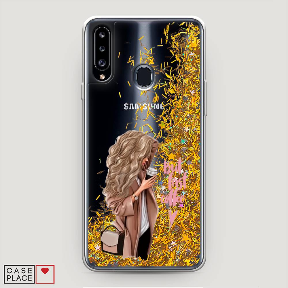 

Жидкий чехол с блестками "Девушка с кофе" на Samsung Galaxy A20s, Девушка с кофе
