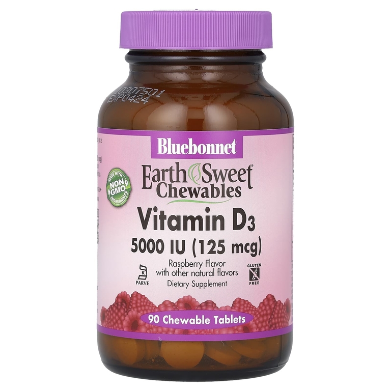 Витамин D3 Bluebonnet Nutrition, со вкусом малины, 125 мкг 5000 МЕ, 90 таблеток