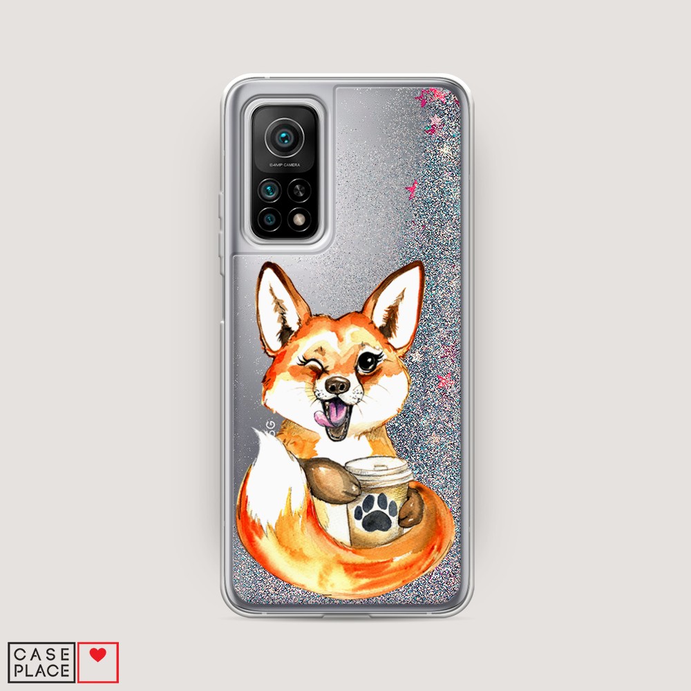 

Жидкий чехол с блестками "Подмигивающая лиса с кофе" на Xiaomi Mi 10T