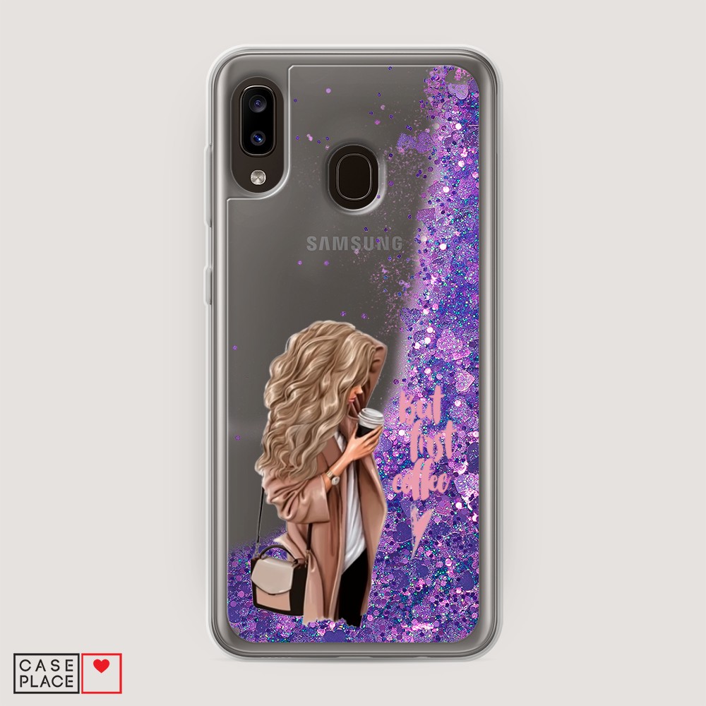 

Жидкий чехол с блестками "Девушка с кофе" на Samsung Galaxy A20, Девушка с кофе