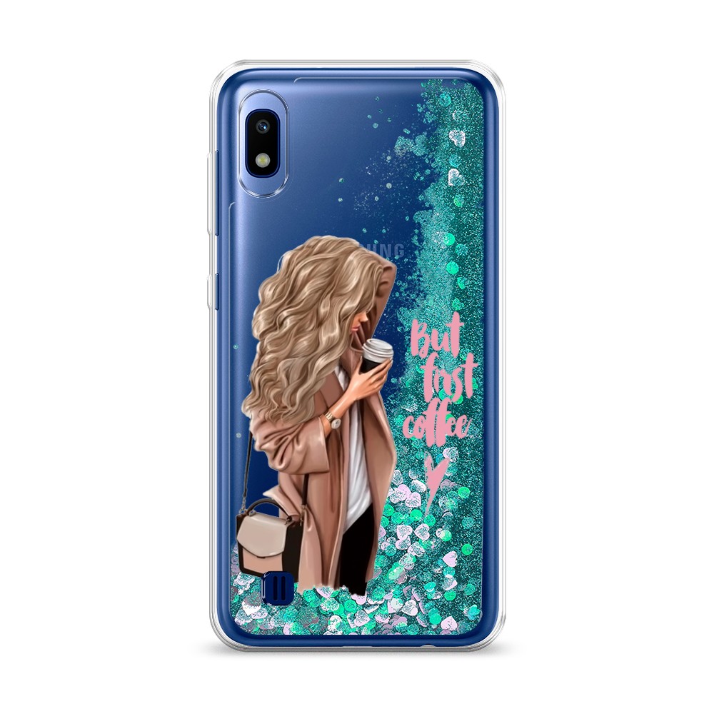 

Жидкий чехол с блестками "Девушка с кофе" на Samsung Galaxy A10, Девушка с кофе
