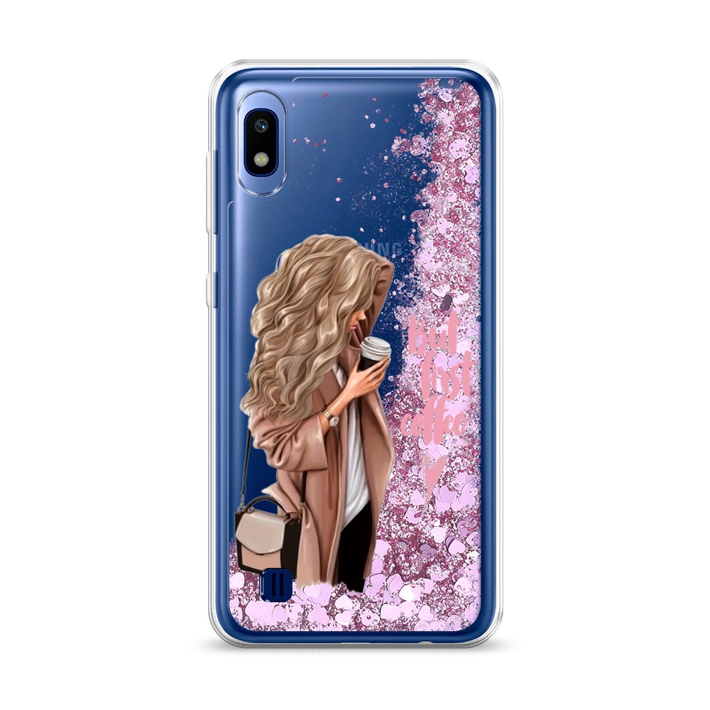 

Жидкий чехол с блестками "Девушка с кофе" на Samsung Galaxy A10, Девушка с кофе