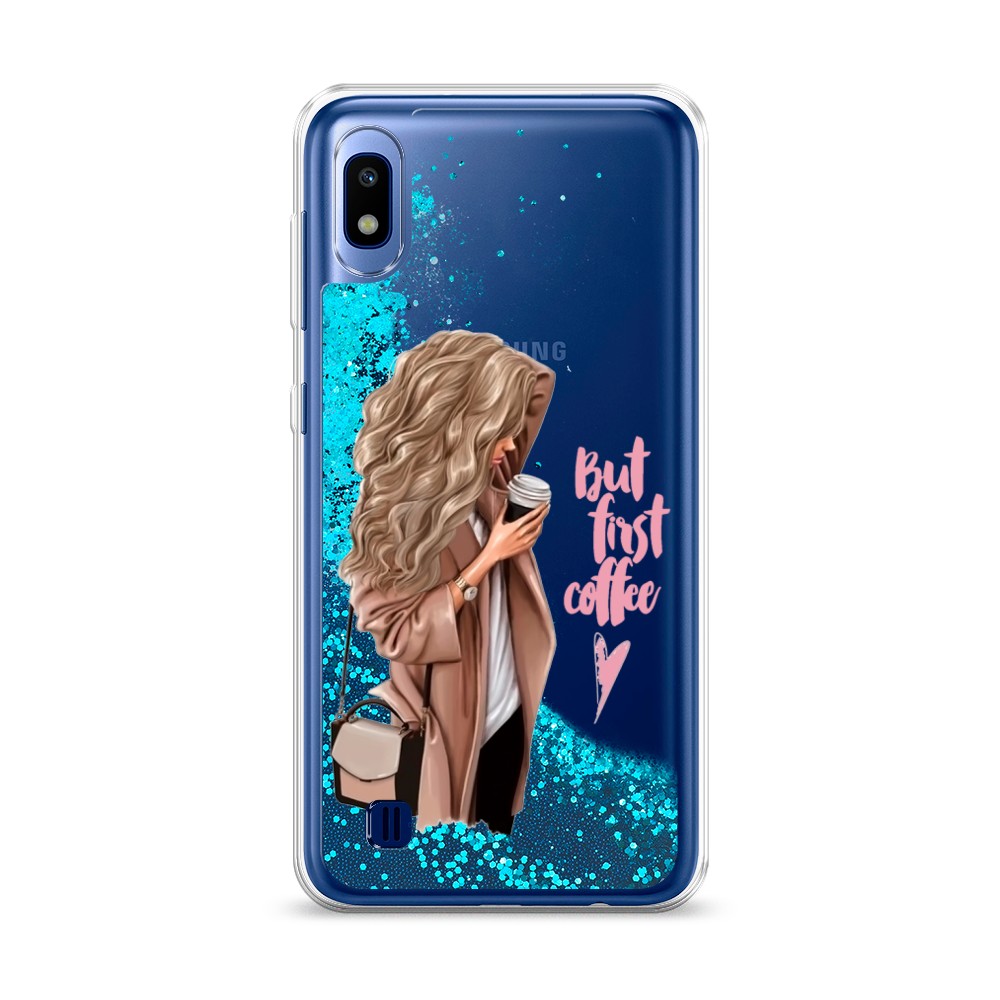 

Жидкий чехол с блестками "Девушка с кофе" на Samsung Galaxy A10, Девушка с кофе