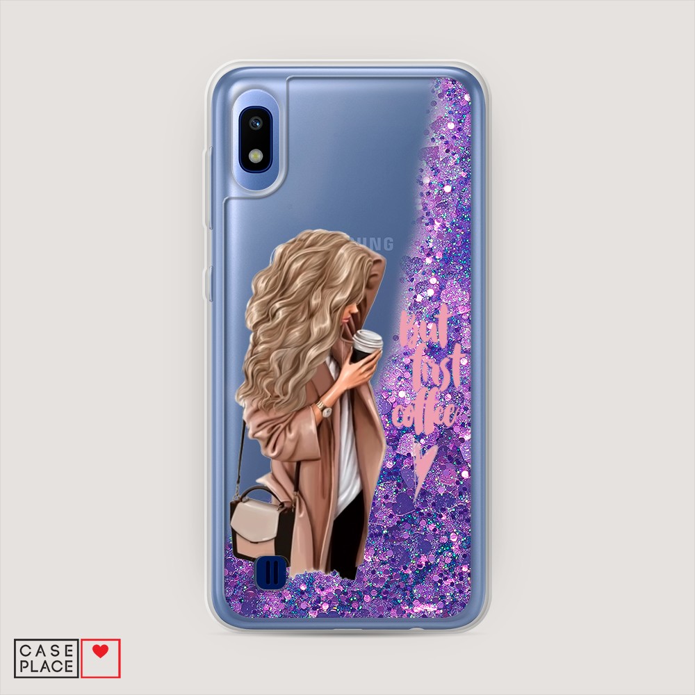 

Жидкий чехол с блестками "Девушка с кофе" на Samsung Galaxy A10, Девушка с кофе