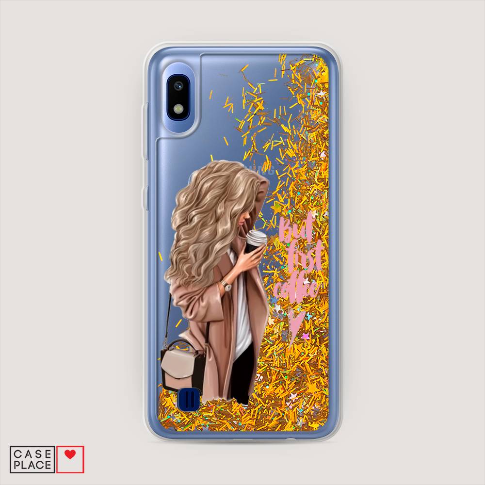 

Жидкий чехол с блестками "Девушка с кофе" на Samsung Galaxy A10, Девушка с кофе