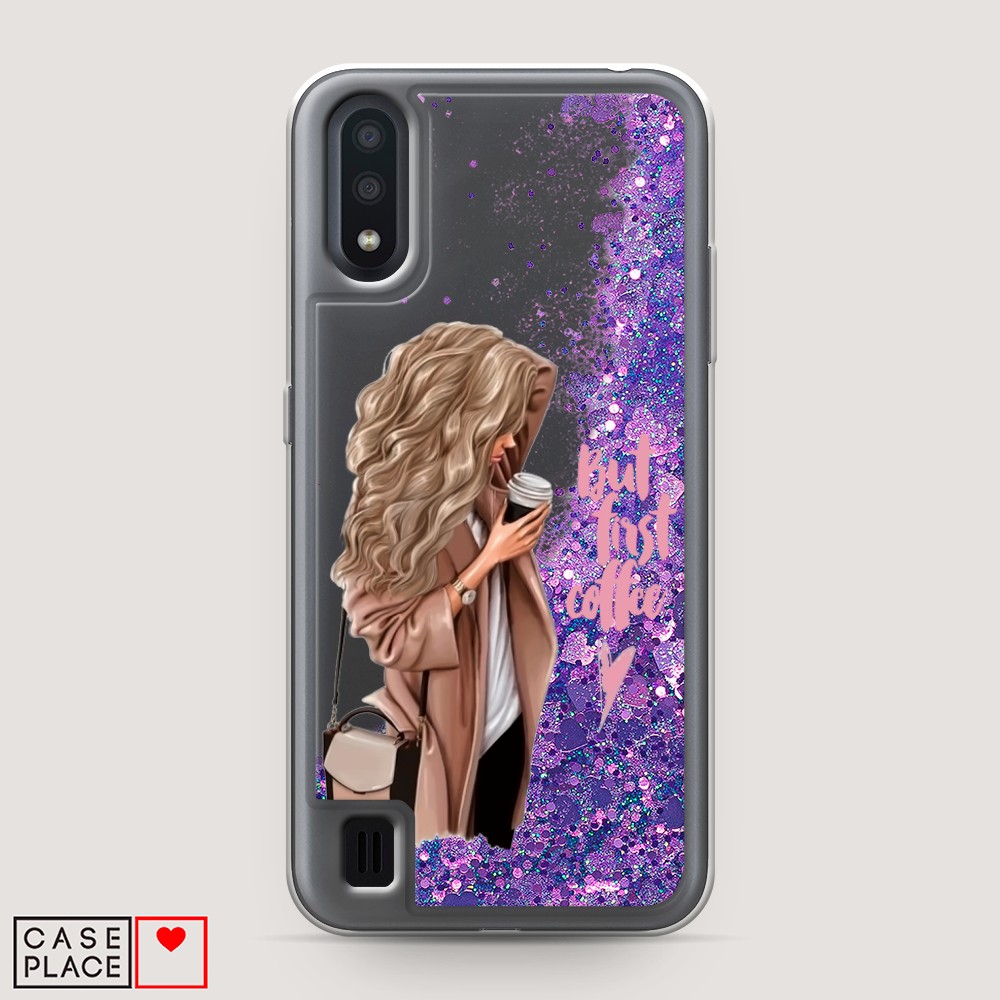 

Жидкий чехол с блестками "Девушка с кофе" на Samsung Galaxy A01, Девушка с кофе