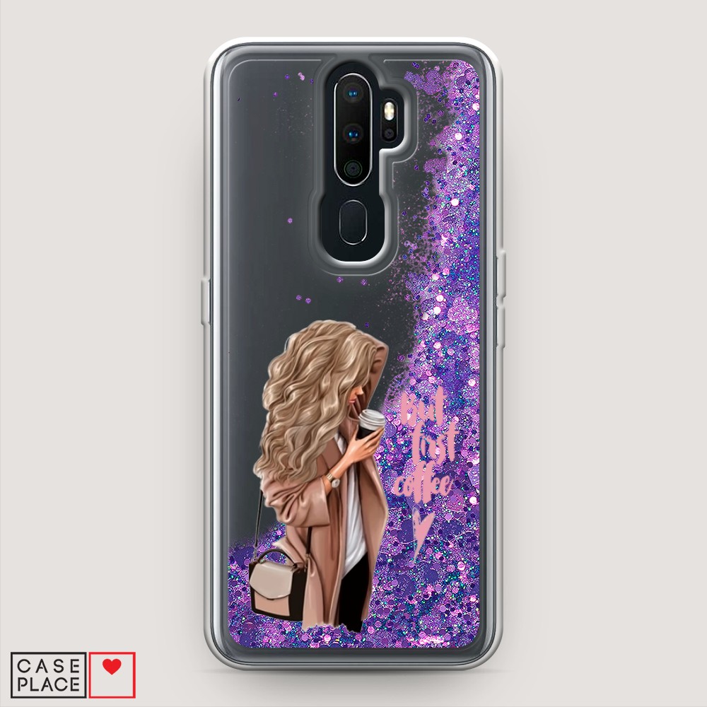 

Жидкий чехол с блестками "Девушка с кофе" на Oppo A9 (2020), Девушка с кофе