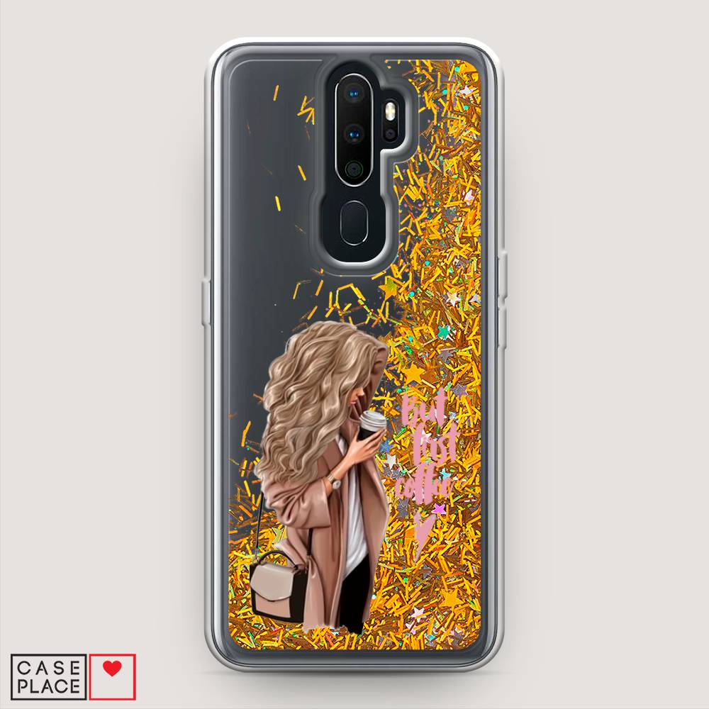 

Жидкий чехол с блестками "Девушка с кофе" на Oppo A9 (2020), Девушка с кофе