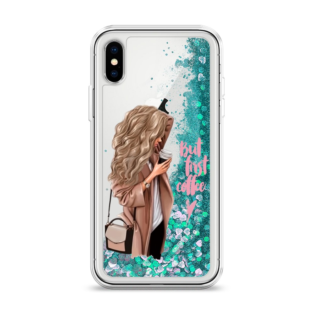 

Жидкий чехол с блестками "Девушка с кофе" на Apple iPhone XS (10S), Девушка с кофе