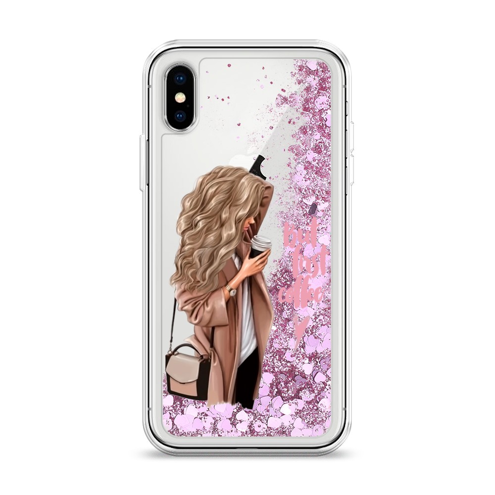 

Жидкий чехол с блестками "Девушка с кофе" на Apple iPhone XS (10S), Девушка с кофе