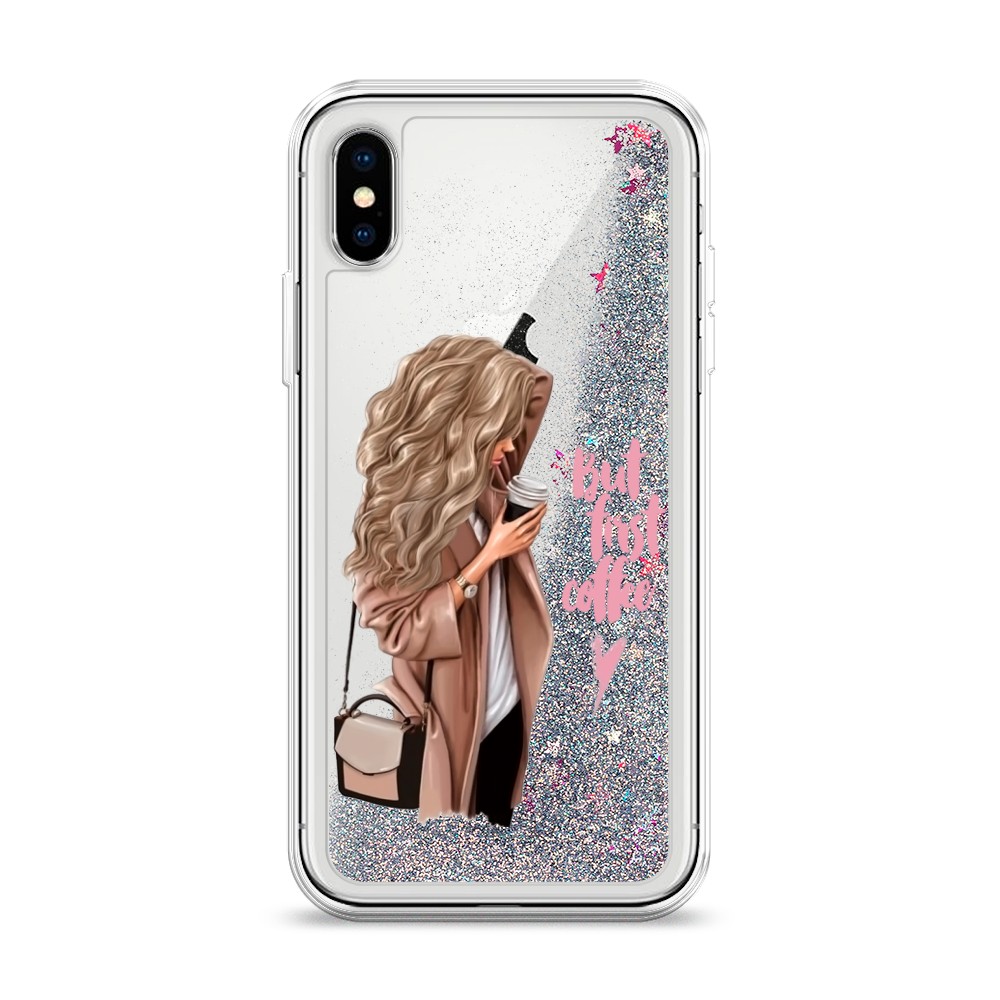 

Жидкий чехол с блестками "Девушка с кофе" на Apple iPhone XS (10S), Девушка с кофе