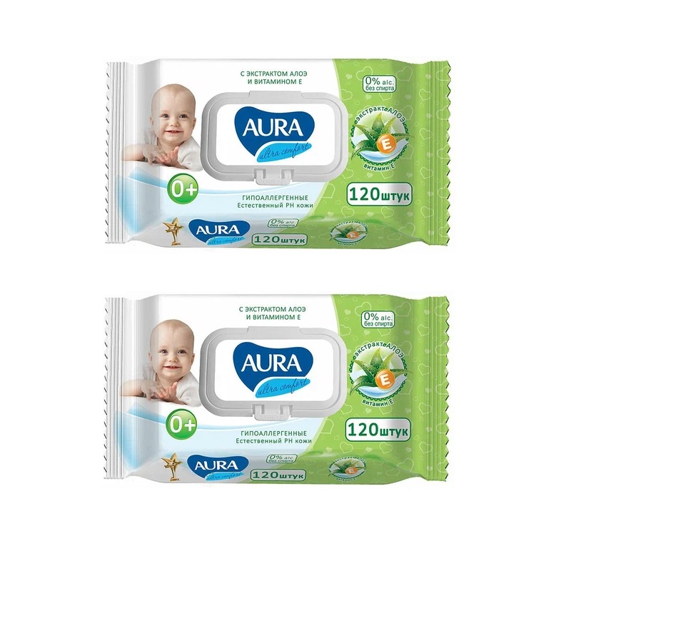 Влажные салфетки Aura детские 0+, с экстрактом алоэ и витамином Е, в уп 120 шт, 2 уп