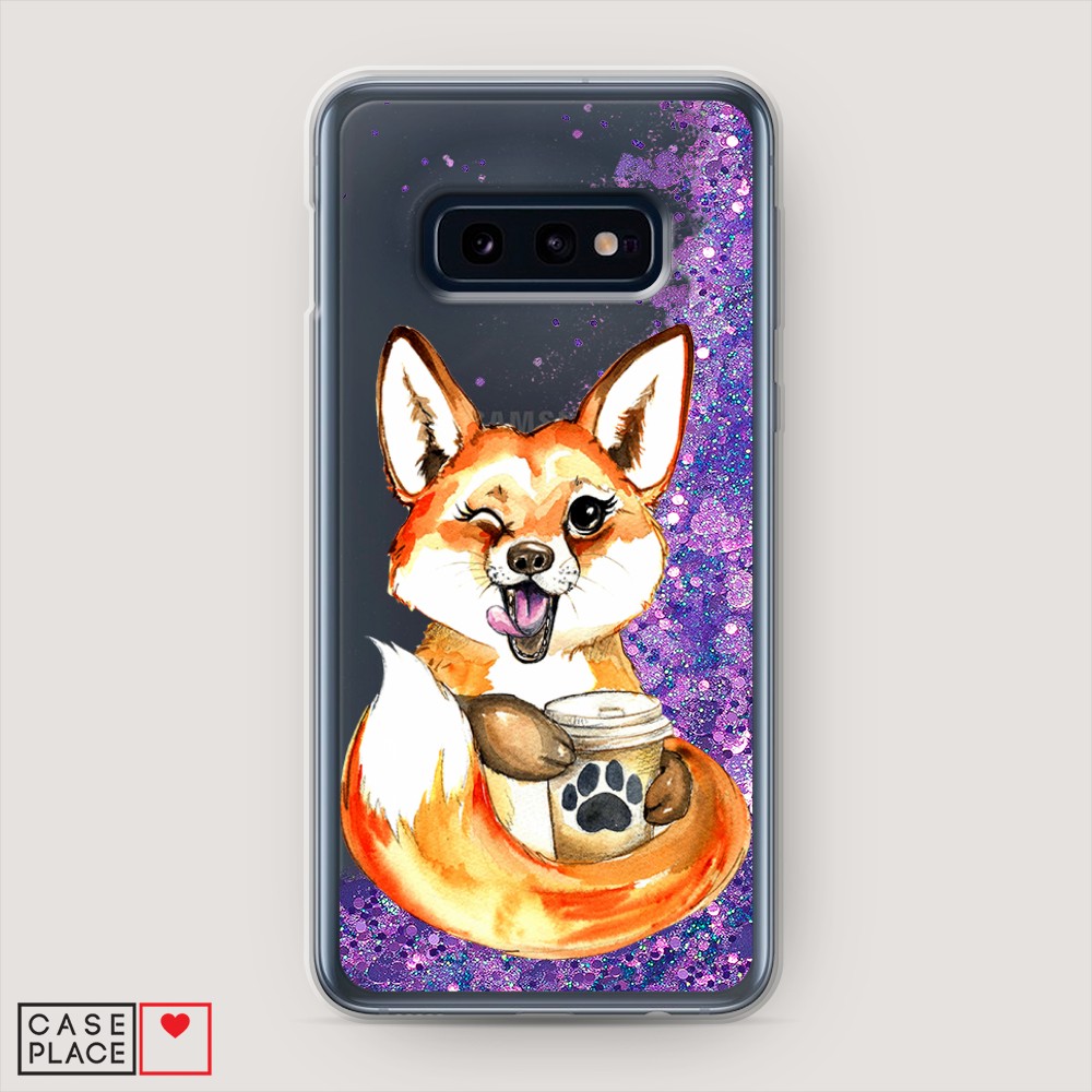 

Жидкий чехол с блестками "Подмигивающая лиса с кофе" на Samsung Galaxy S10E