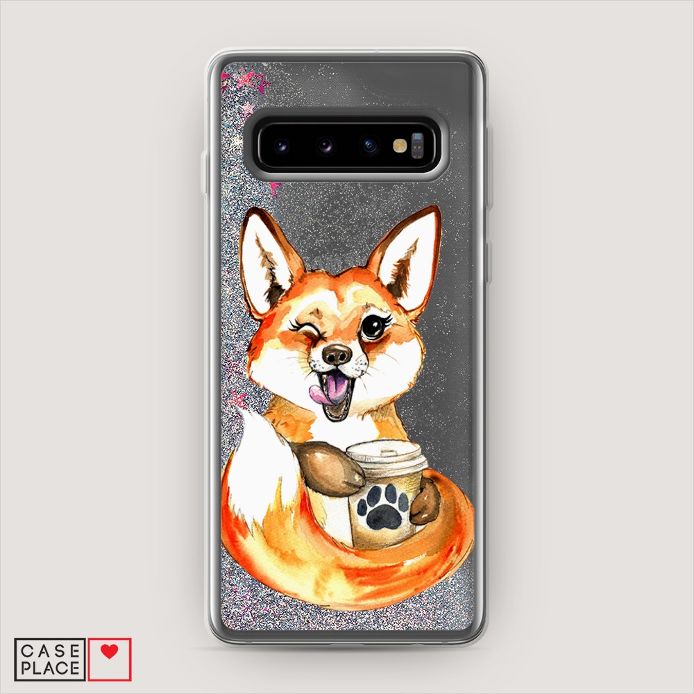 

Жидкий чехол с блестками "Подмигивающая лиса с кофе" на Samsung Galaxy S10 +, 27191-1