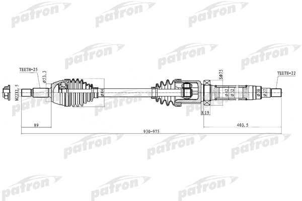 

Полуось правая 25x930x53,3x22 FORD: FIESTA V 01-, FUSION 02- PATRON PDS0222