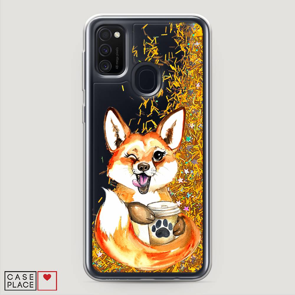 

Жидкий чехол с блестками "Подмигивающая лиса с кофе" на Samsung Galaxy M30s, 29890-1