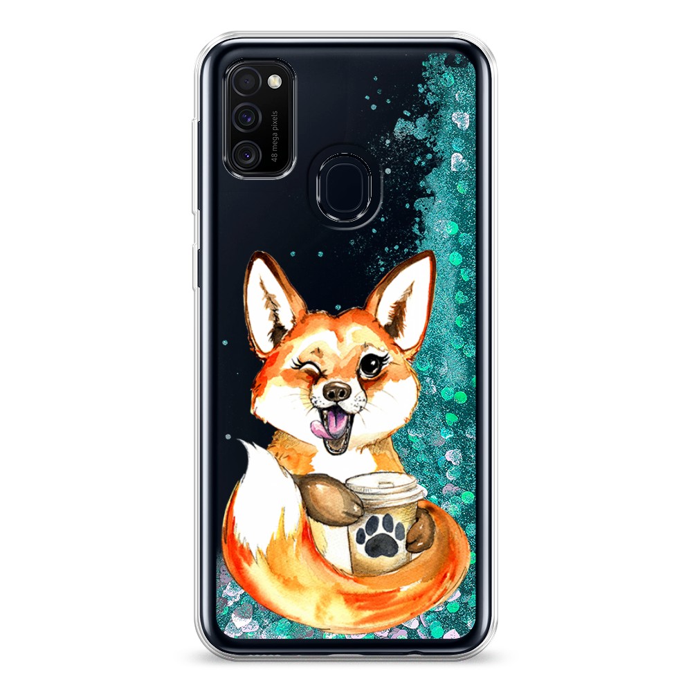 

Жидкий чехол с блестками "Подмигивающая лиса с кофе" на Samsung Galaxy M21, 29795-1