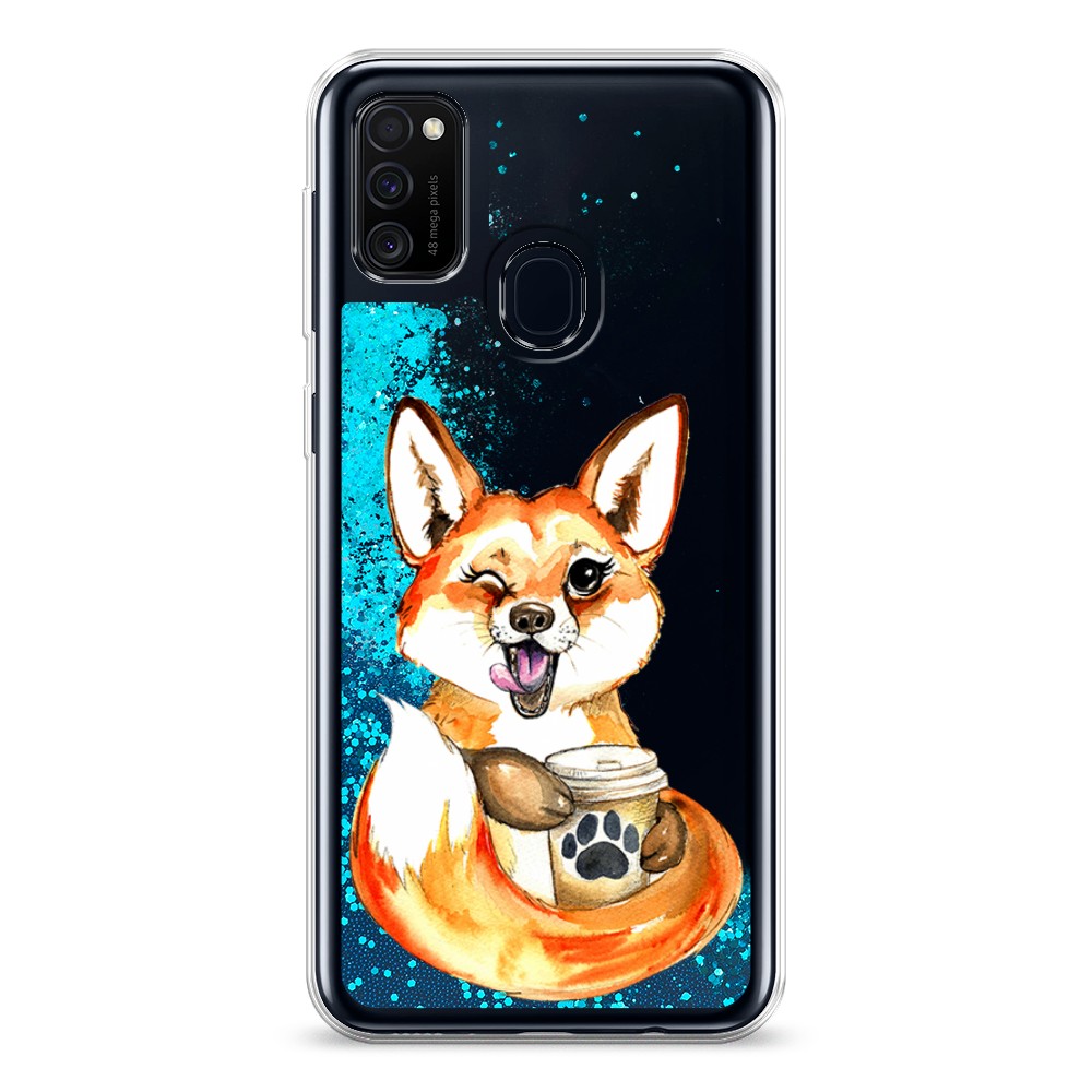 

Жидкий чехол с блестками "Подмигивающая лиса с кофе" на Samsung Galaxy M21, 29793-1