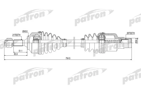 Полуось правая 21x754x48.5x26 CITROEN: C2 03-, C3 02-, C3 PLURIEL 03- PATRON PDS0131