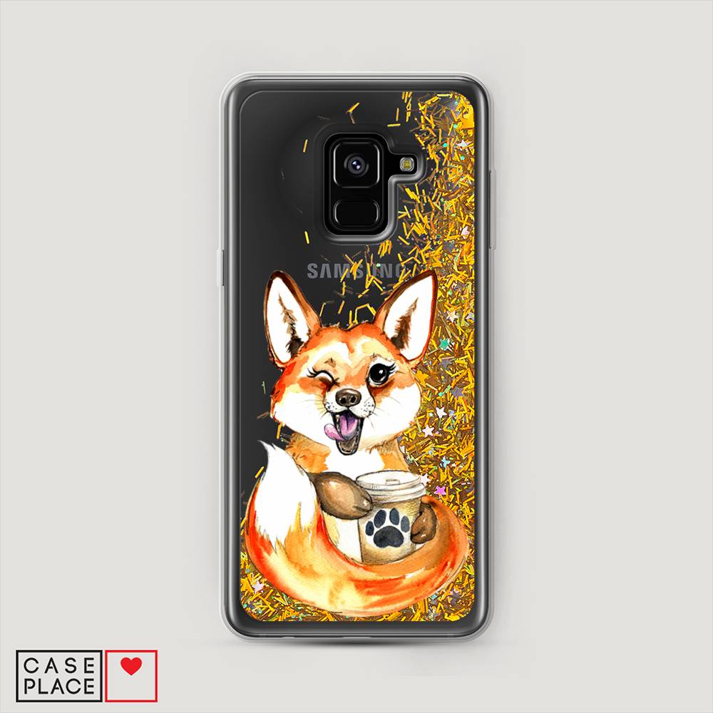 

Жидкий чехол с блестками "Подмигивающая лиса с кофе" на Samsung Galaxy A8 2018