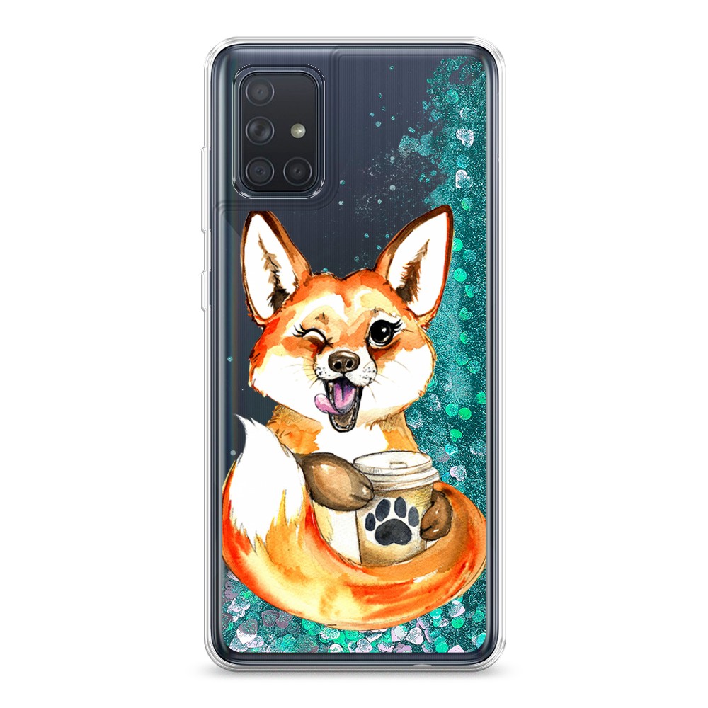 

Жидкий чехол с блестками "Подмигивающая лиса с кофе" на Samsung Galaxy A71, 29095-1