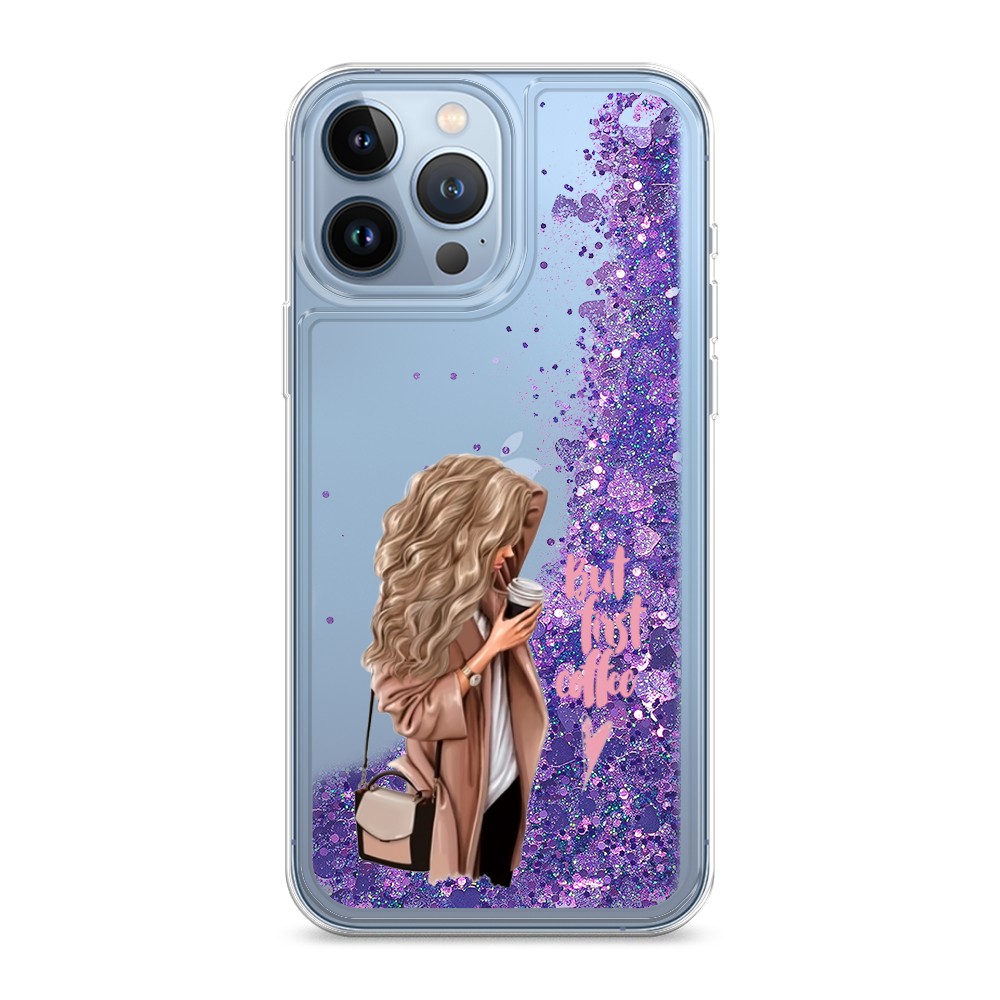 

Жидкий чехол с блестками "Девушка с кофе" на Apple iPhone 13 Pro Max, Девушка с кофе