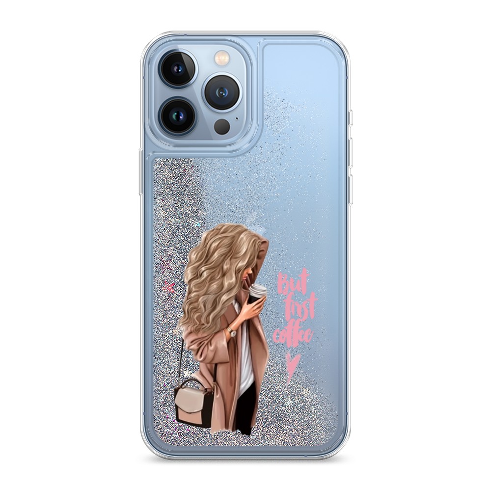 

Жидкий чехол с блестками "Девушка с кофе" на Apple iPhone 13 Pro Max, Девушка с кофе