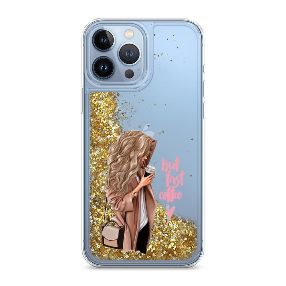 

Жидкий чехол с блестками "Девушка с кофе" на Apple iPhone 13 Pro Max, Девушка с кофе