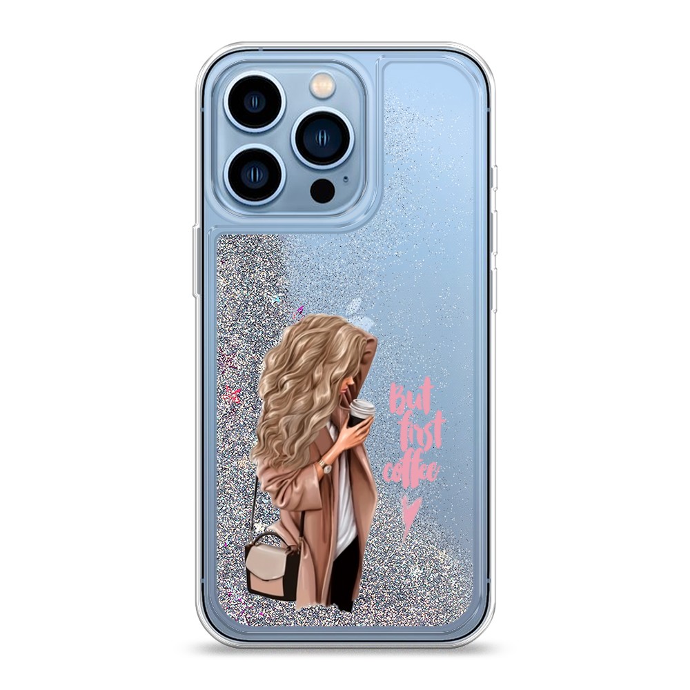 

Жидкий чехол с блестками "Девушка с кофе" на Apple iPhone 13 Pro, Девушка с кофе