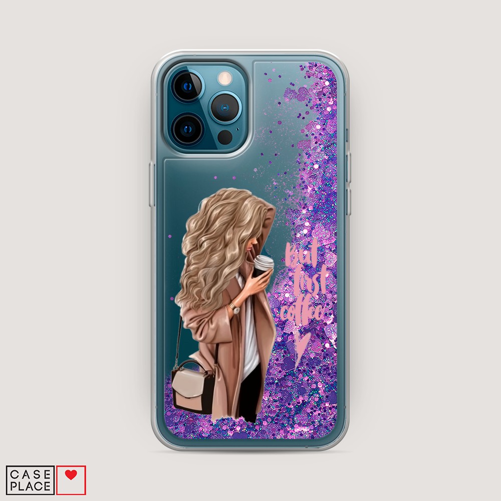 

Жидкий чехол с блестками "Девушка с кофе" на Apple iPhone 12 Pro, Девушка с кофе