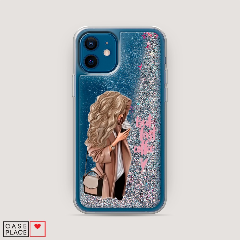

Жидкий чехол с блестками "Девушка с кофе" на Apple iPhone 12 mini, Девушка с кофе