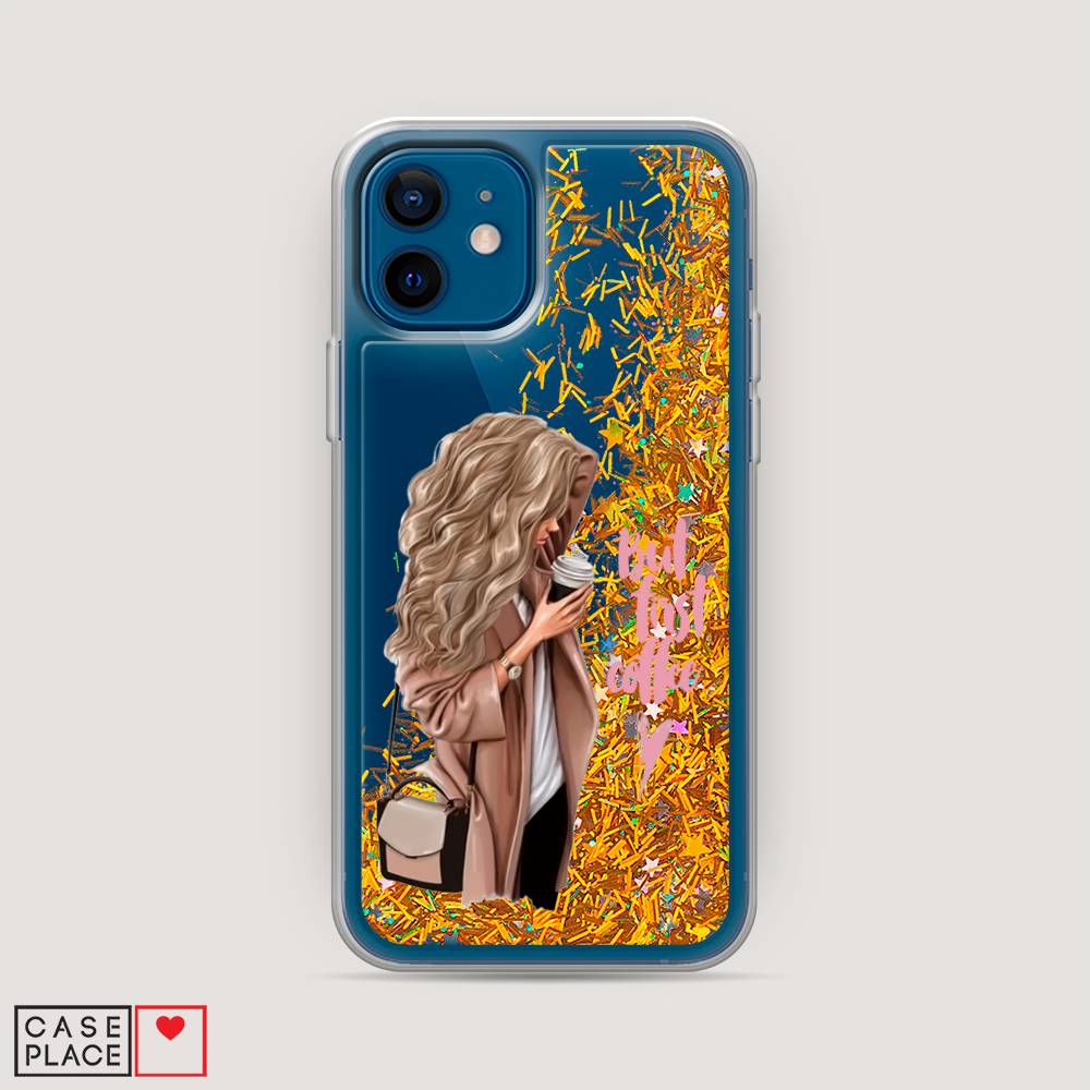 

Жидкий чехол с блестками "Девушка с кофе" на Apple iPhone 12 mini, Девушка с кофе