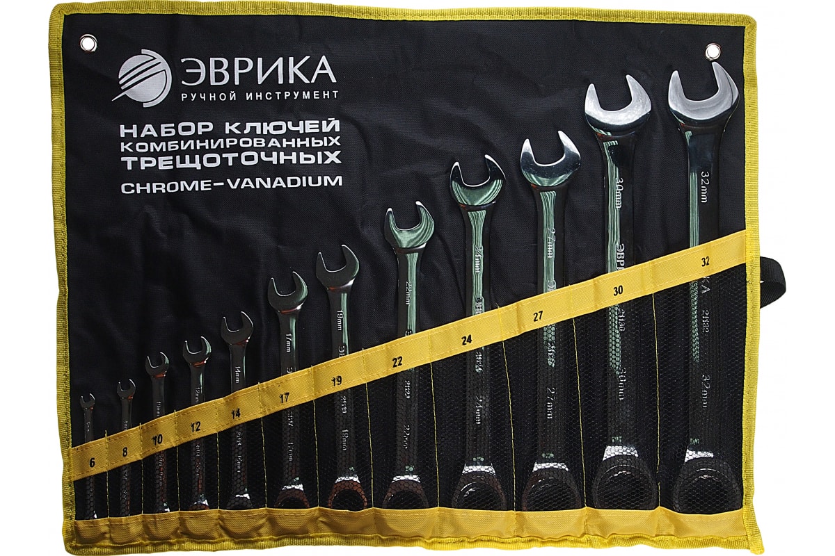 ЭВРИКА Набор ключей комбинированных 6-32мм трещоточных 12 предметов в сумке ЭВРИКА