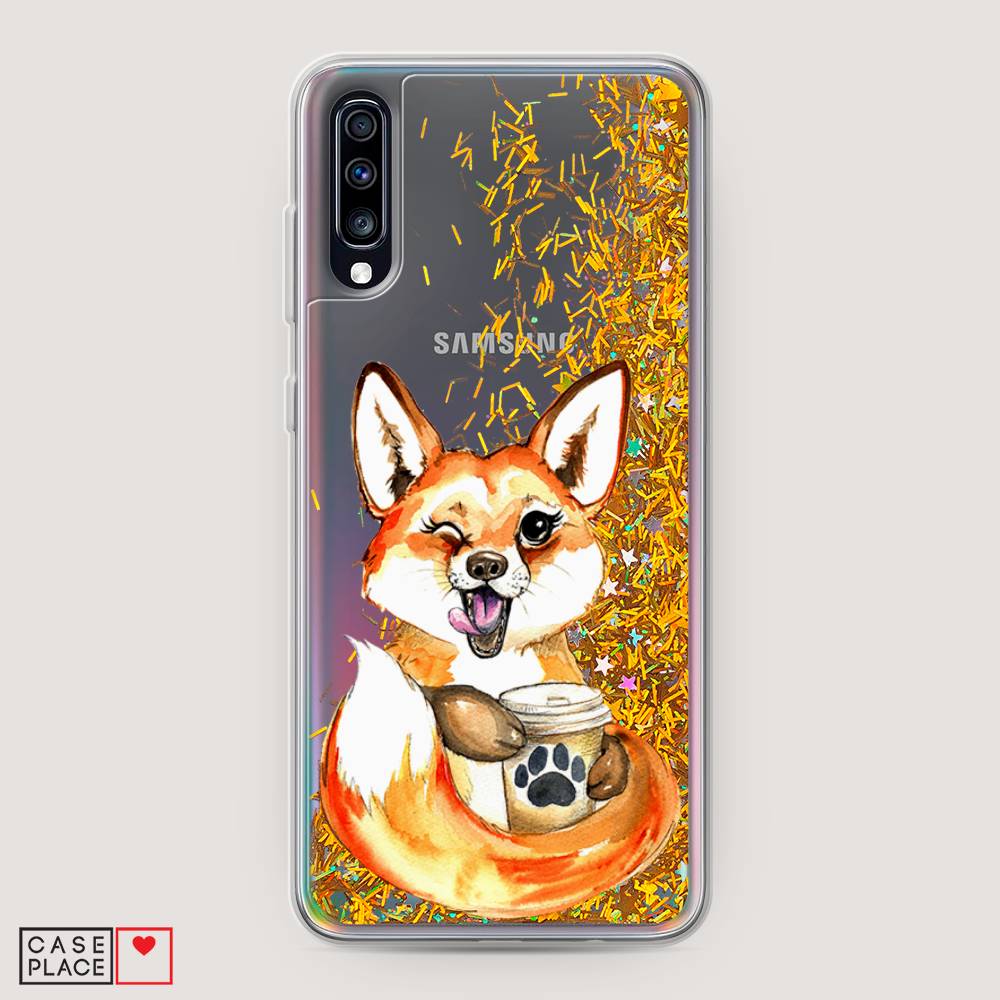 

Жидкий чехол с блестками "Подмигивающая лиса с кофе" на Samsung Galaxy A70, 28190-1