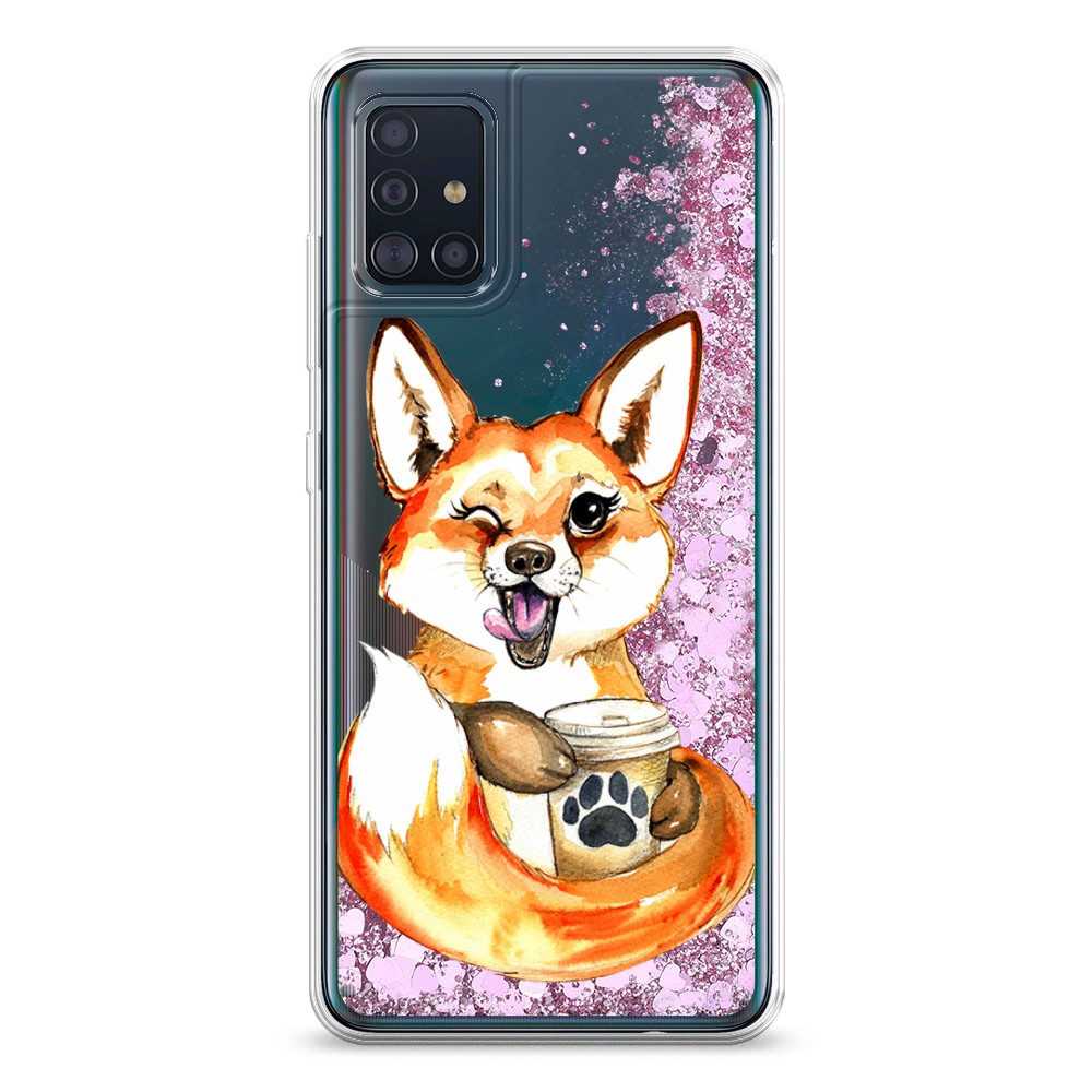 

Жидкий чехол с блестками "Подмигивающая лиса с кофе" на Samsung Galaxy A51, 28994-1