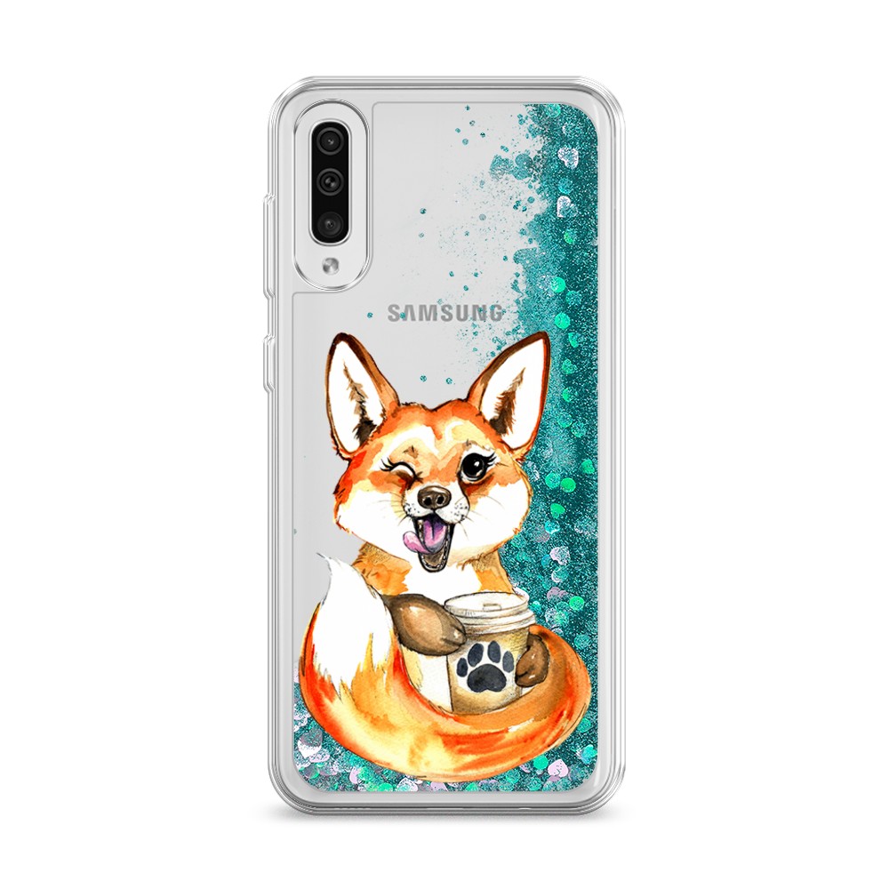 

Жидкий чехол с блестками "Подмигивающая лиса с кофе" на Samsung Galaxy A50, 27795-1