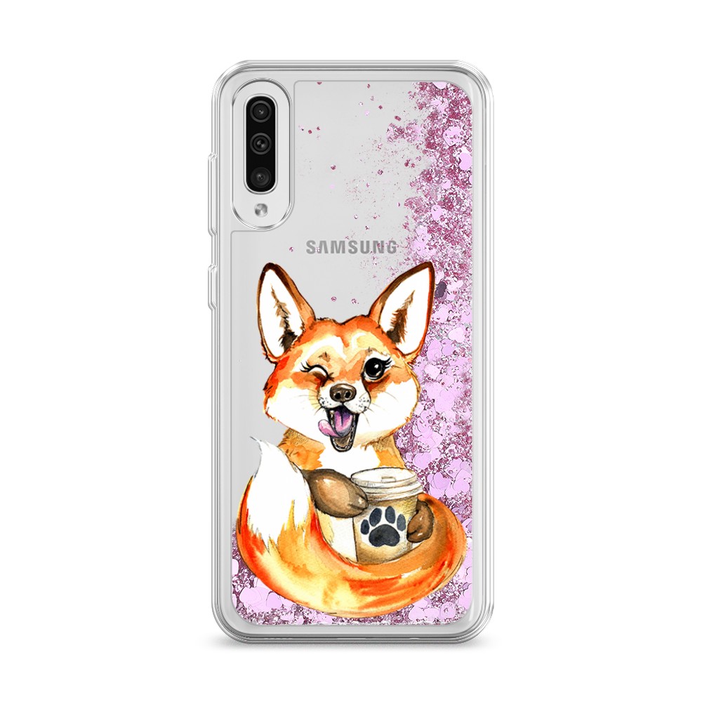 

Жидкий чехол с блестками "Подмигивающая лиса с кофе" на Samsung Galaxy A50