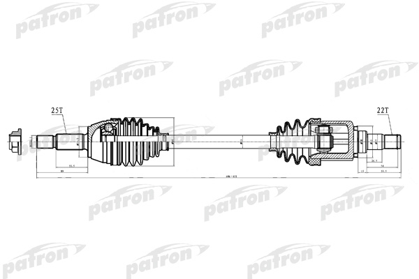 Полуось передняя левая 25x606x53,3x22 FORD: FIESTA V 01-, FUSION 02- PATRON PDS0221