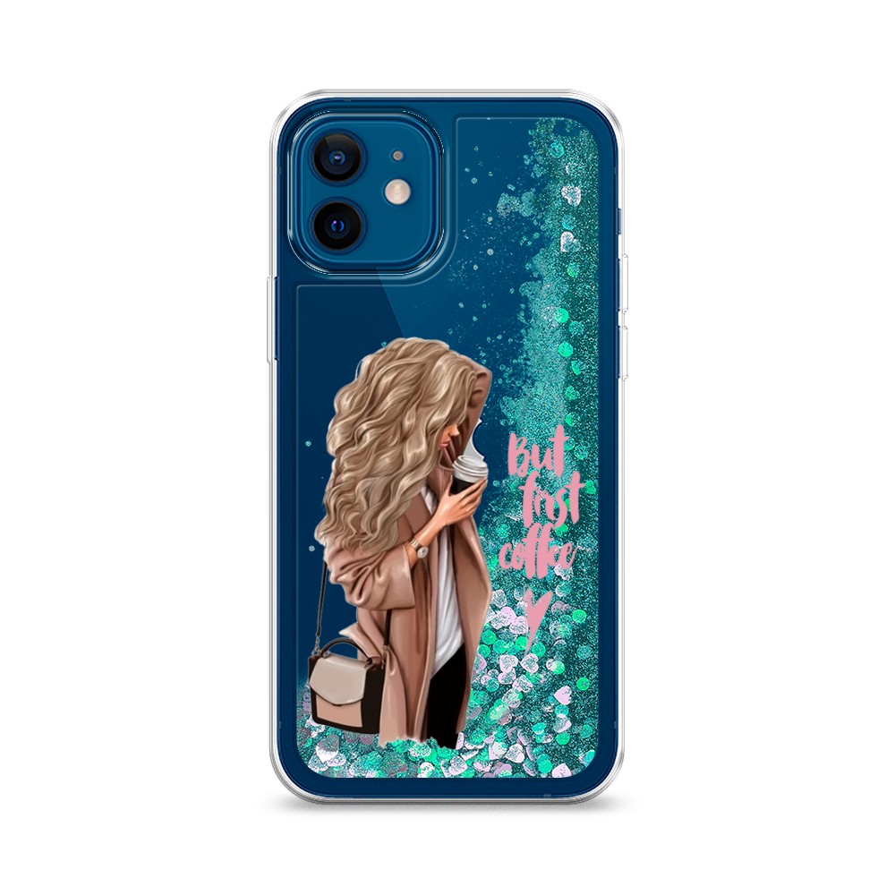 

Жидкий чехол с блестками "Девушка с кофе" на Apple iPhone 12, Девушка с кофе