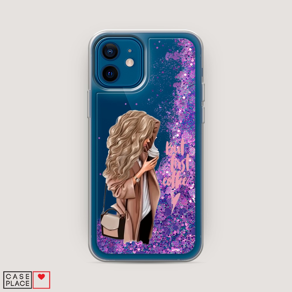 

Жидкий чехол с блестками "Девушка с кофе" на Apple iPhone 12, Девушка с кофе